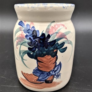 Small Vintage Hand Painted Crock by American Pottery Marshall, TX Western Design Signed by Artist 1997