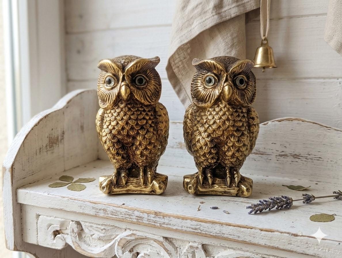 Gold Ceramic Great Horned Owl Figurines Set of 2, Vintage Lenwile Ardalt Japan Hand Painted Owls, MC