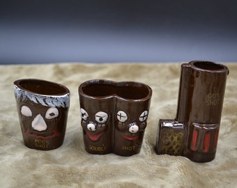 Anthropomorphic Vintage Funny Brown Ceramic Shot Glasses From the 1950's Made in Japan