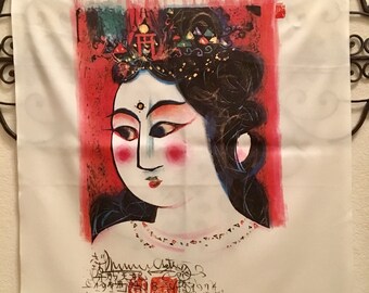 Exquisite Vintage Japanese Geisha Silk Painted Square 28 x 28 White Artistic Scarf