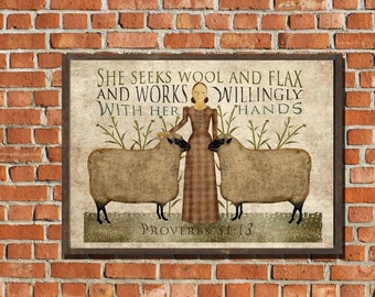She Collects Flax - aged and distressed - FREE SHIPPING - 2170