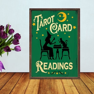 Tarot Card Readings Cute Cat and Witch Halloween Tavern style distressed sign printed on wood - 5 different colors - FREE SHIPPING - 2295