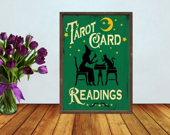 Tarot Card Readings Cute Cat and Witch Halloween Tavern style distressed sign printed on wood - 5 different colors - FREE SHIPPING - 2295
