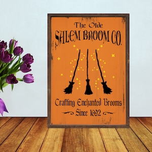 Olde Salem Broom Company Halloween Tavern style distressed sign printed on wood - 5 different colors - FREE SHIPPING - 2292