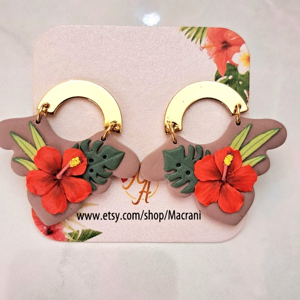 Hibiscus Earrings, Polymer Clay Earrings, 3D Handmade Earrings, Monstera Earrings, Flower Earrings, Dangle Earring