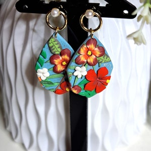 Polymer Clay Earrings,Hibiscus Flower Earrings, 3D Handmade Earrings, Monstera Earrings, Flower Earrings, Dangle Earring zdjęcie 6