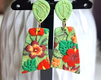 Polymeer klei oorbellen, Hibiscus bloem oorbellen, 3D handgemaakte oorbellen, Monstera oorbellen, bloem oorbellen, Dangle Earring, OOAK