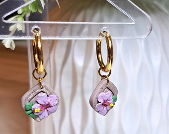 Hibiscus Earrings, Polymer Clay Earrings, Huggie Hoops, 3D Handmade Earrings, Monstera Earrings, Flower Earrings, Dangle Earring