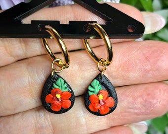 Hibiscus Earrings, Polymer Clay Earrings, Huggie Hoops, 3D Handmade Earrings, Monstera Earrings, Flower Earrings, Dangle Earring