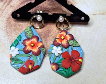 Pendientes de arcilla polimérica, pendientes de flores de hibisco, pendientes hechos a mano en 3D, pendientes de monstera, pendientes de flores, pendientes colgantes