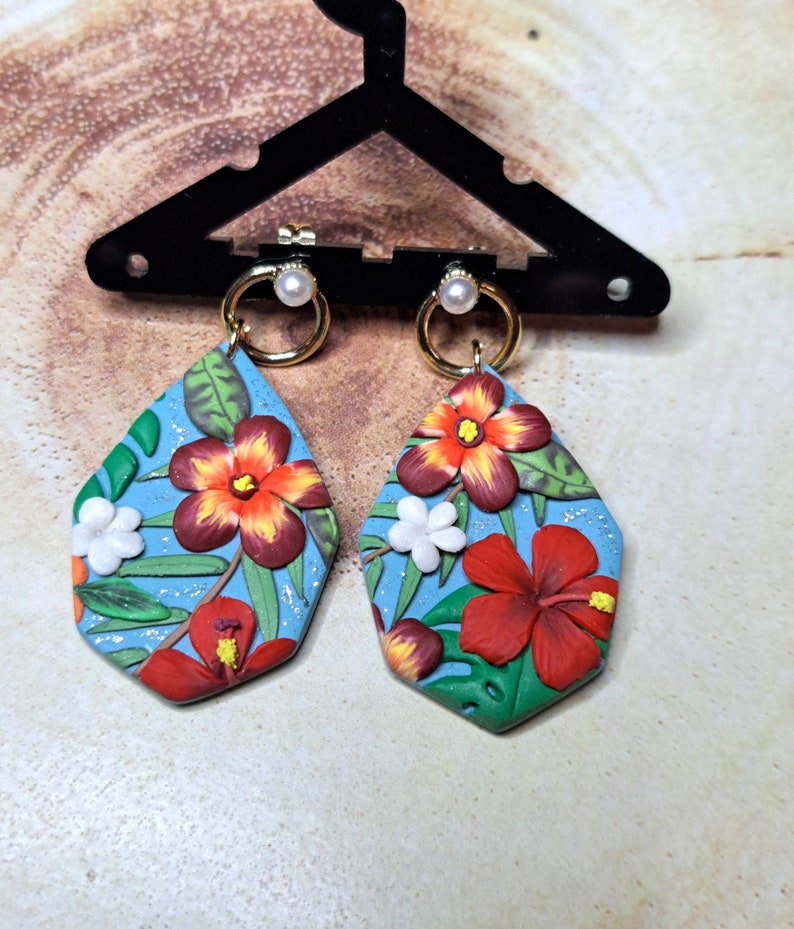 Polymer Clay Earrings,Hibiscus Flower Earrings, 3D Handmade Earrings, Monstera Earrings, Flower Earrings, Dangle Earring zdjęcie 1