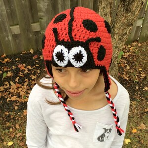 Crochet Ladybug Hat Black and Red Hat Crochet Animal Hat Ladybug Photo Prop Crochet Ear Flap Hat Child Winter Hat Lady Bug image 2