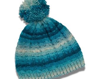 Teen Adult Blue Ombre Knit Hat with Pom Pom