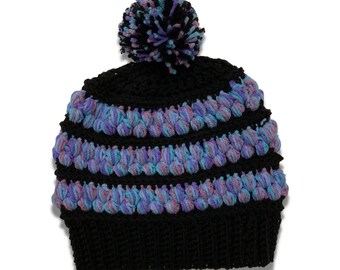 Teen Adult Unisex Black And Blue Winter Crochet Hat