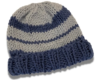 Unisex Adult Blue and Grey Knit Striped Hat