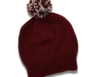 Child Size Burgundy Knit Pom Pom Hat