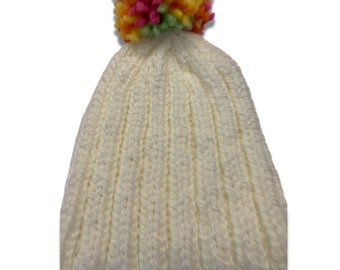 Child Size White Knit Hat With Orange Pom Pom