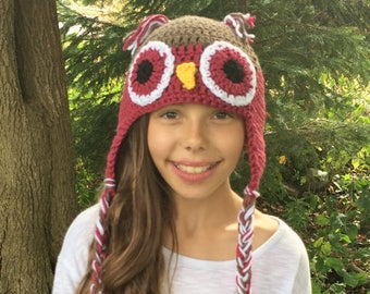 Crochet Owl Hat in Cranberry Burgundy - Sizes Baby, Toddler, Child, Teen, Adult and Large Adult - Ready to Ship