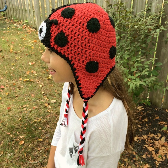 Crochet Ladybug Hat - Black and Red Hat - Crochet Animal Hat - Ladybug Photo Prop - Crochet Ear Flap Hat - Child Winter Hat - Lady Bug