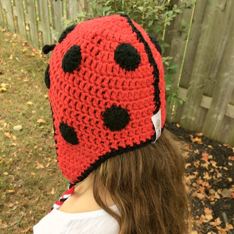 Crochet Ladybug Hat Black and Red Hat Crochet Animal Hat Ladybug Photo Prop Crochet Ear Flap Hat Child Winter Hat Lady Bug image 4