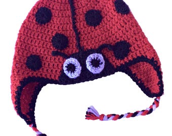 Crochet Ladybug Hat - Black and Red Hat - Crochet Animal Hat - Ladybug Photo Prop - Crochet Ear Flap Hat - Child Winter Hat - Lady Bug