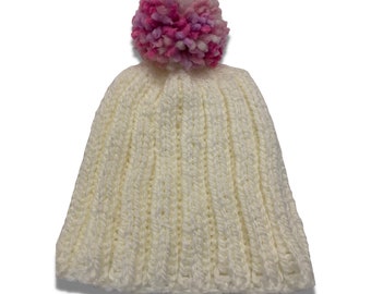 Child Size White Knit Hat with Pink Pom Pom