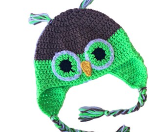 Lime Green Crochet Owl Hats For Kids - Hat With Ear Flaps - Animal Hats For Adults