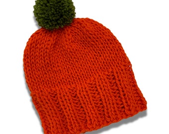 Orange Knit Pumpkin Hat With Green Pom Pom - Child Size