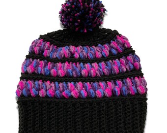 Teen Adult Striped Pom Pom Crochet Hat