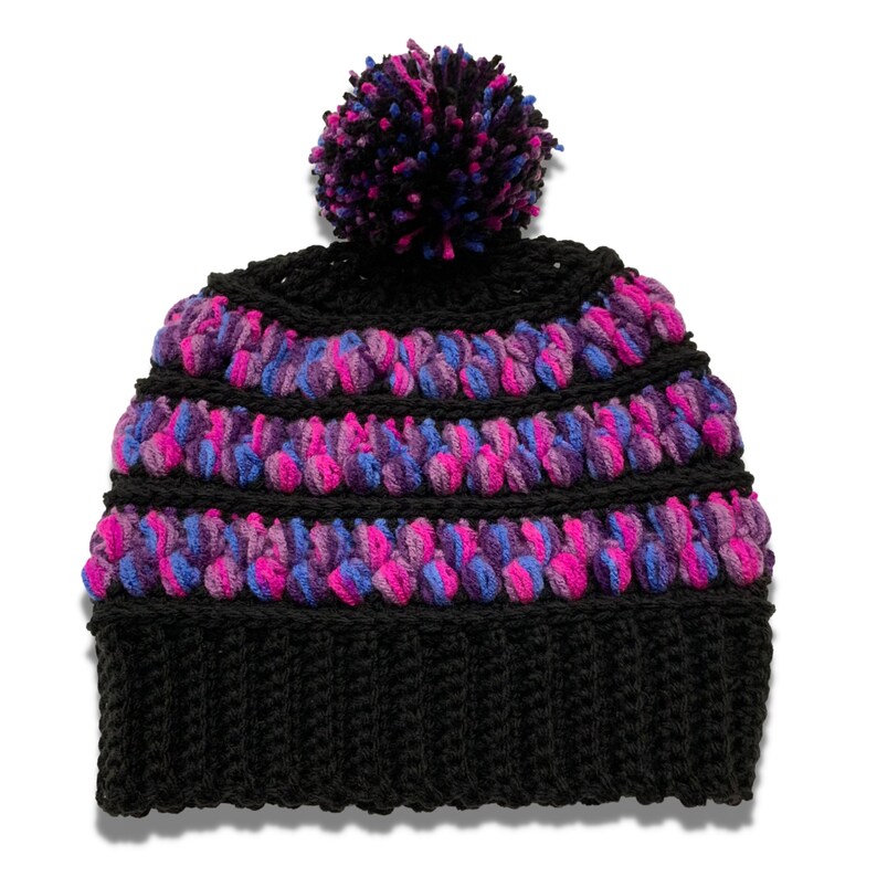 Teen Adult Striped Pom Pom Crochet Hat image 1