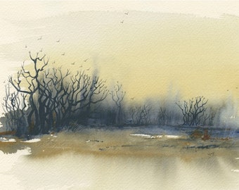 Giclée print A4 "Winter Crows " from original watercolour by YvyB