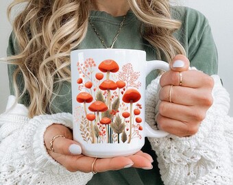 Vintage Mushroom Cottagecore Coffee Mug,Pressed Flowers Mug,Rustic Floral Nature Mug,Wildflower Tea Cup, Flower Garden Lover,Gift for Her