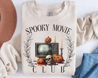 Sudadera Spooky Movie Club, sudadera de terror de Halloween, suéter de temporada espeluznante, camisa de película de terror, cuello redondo de Halloween, ropa de Halloween