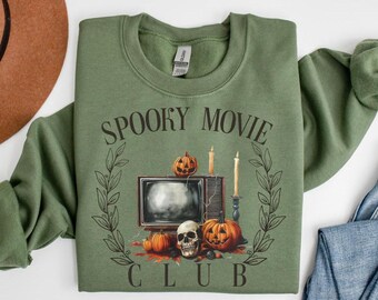 Sudadera Spooky Movie Club, sudadera de terror de Halloween, suéter de temporada espeluznante, camisa de película de terror, cuello redondo de Halloween, ropa de Halloween