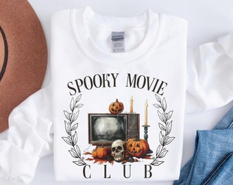 Sudadera Spooky Movie Club, sudadera de terror de Halloween, suéter de temporada espeluznante, camisa de película de terror, cuello redondo de Halloween, ropa de Halloween