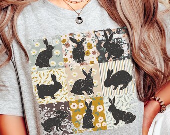 Camiseta vintage de conejito, camiseta retro con estampado floral de conejo de Pascua, camiseta patchwork estilo cottagecore, top botánico primaveral adorable, regalo para amantes de los conejitos.