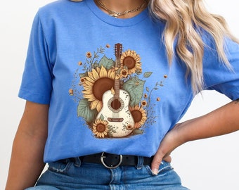 Camiseta con guitarra de girasol, camiseta con flores, camiseta de la paz, camiseta del oeste, camiseta con flores silvestres, camiseta del amor, camiseta con guitarra, camiseta con girasol, camiseta de campo