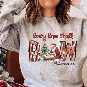 Every Knee Shall Bow Sweatshirt, Christian Christmas Crewneck, Santa Bowing to Jesus Sweater, Religious Faith Scripture Gift, Grey Pullover