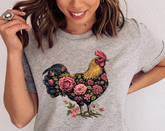 Floral Rooster Shirt, Vintage Farmhouse Chicken T-Shirt, Botanical Hen Graphic Tee, Cottagecore Farm Life Top, Cute Farmer Gift for Women