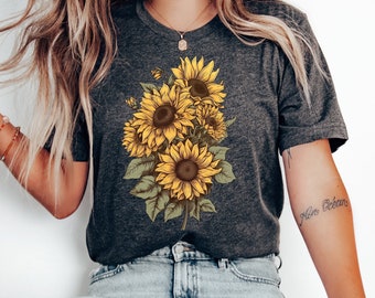 Vintage Sunflower Shirt, Botanical Flower T-Shirt, Floral Graphic Tee, Heather Charcoal Summer Top, Cottagecore Nature Gift for Women Top