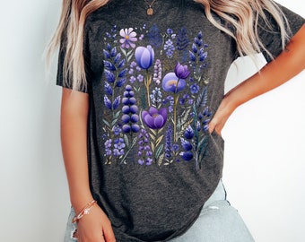 Vintage purple floral shirt, flower shirt, botanical shirt, hippie shirt, wildflower shirt, garden shirt, plant shirt, cottage core, witchy