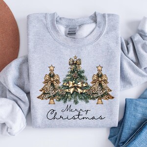 Leopard Christmas Tree Sweatshirt, Gold Bow Merry Christmas Crewneck, Holiday Tree Graphic Sweater, Coquette Christmas Pullover Gift