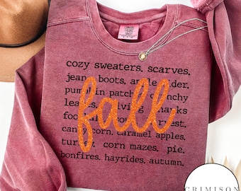 Fall Favorites Sweatshirt, Comfort Colors Crimson Crewneck, Cozy Autumn Things Pullover, Thanksgiving Graphic Sweater, Fall Gift for Women
