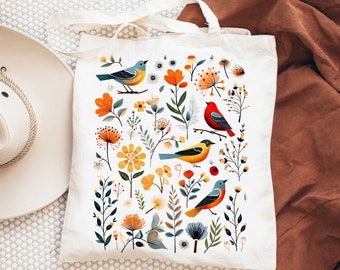 Cottage core birds tote bag, large canvas bag, grocery tote, reusable bag, market tote, teacher tote, book bag, floral bird gift, bird lover