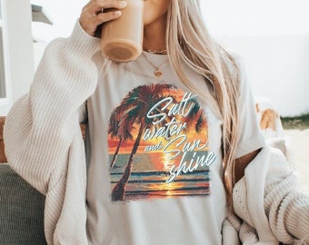 Salt water & sunshine shirt, ocean shirt, beach shirt, summer clothing, sunshine shirt, beach bum, retro shirt, trendy summer shirt, sunset