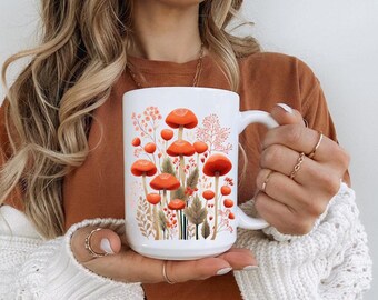 Vintage Mushroom Cottagecore Coffee Mug,Pressed Flowers Mug,Rustic Floral Nature Mug,Wildflower Tea Cup, Flower Garden Lover,Gift for Her