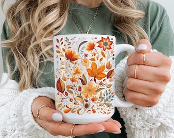 Vintage höstblommig Cottagecore kaffemugg, pressad blommugg, rustik blommig naturmugg, tekopp med vildblommor, blomsterträdgårdsälskare, present till henne