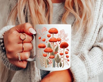 Vintage Mushroom Cottagecore Coffee Mug,Pressed Flowers Mug,Rustic Floral Nature Mug,Wildflower Tea Cup, Flower Garden Lover,Gift for Her