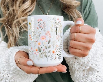 Boho Wildflowers Cottagecore kaffemugg, pressad blommugg, pastellblommig naturmugg, vildblomstertekopp, blomsterträdgårdsälskare, present till henne