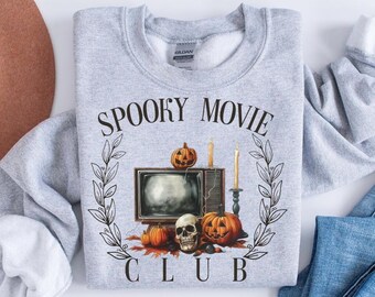 Sudadera Spooky Movie Club, sudadera de terror de Halloween, suéter de temporada espeluznante, camisa de película de terror, cuello redondo de Halloween, ropa de Halloween